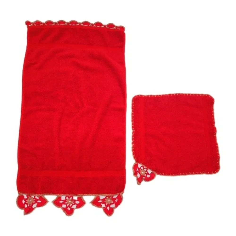 Vintage Sears Cotron Red Towel Set 3pc Floral Crochet Scalloped Edge Mid Century